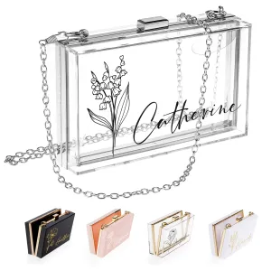 Personalized Gifts for Women, Personalized Purse with Birth Flower and Name Acrylic Clear and Silver Frame Clutch Bag, Birthday Gifts for Women Handbag with Removable Chain