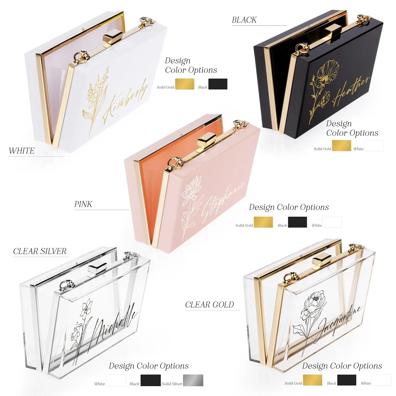 Personalized Gifts for Women, Personalized Purse with Birth Flower and Name Acrylic Clear and Silver Frame Clutch Bag, Birthday Gifts for Women Handbag with Removable Chain