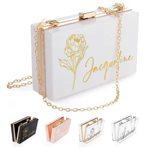 Personalized Gifts for Women, Personalized Purse with Birth Flower and Name Acrylic White Clutch Bag, Birthday Gifts for Women Handbag with Removable Chain