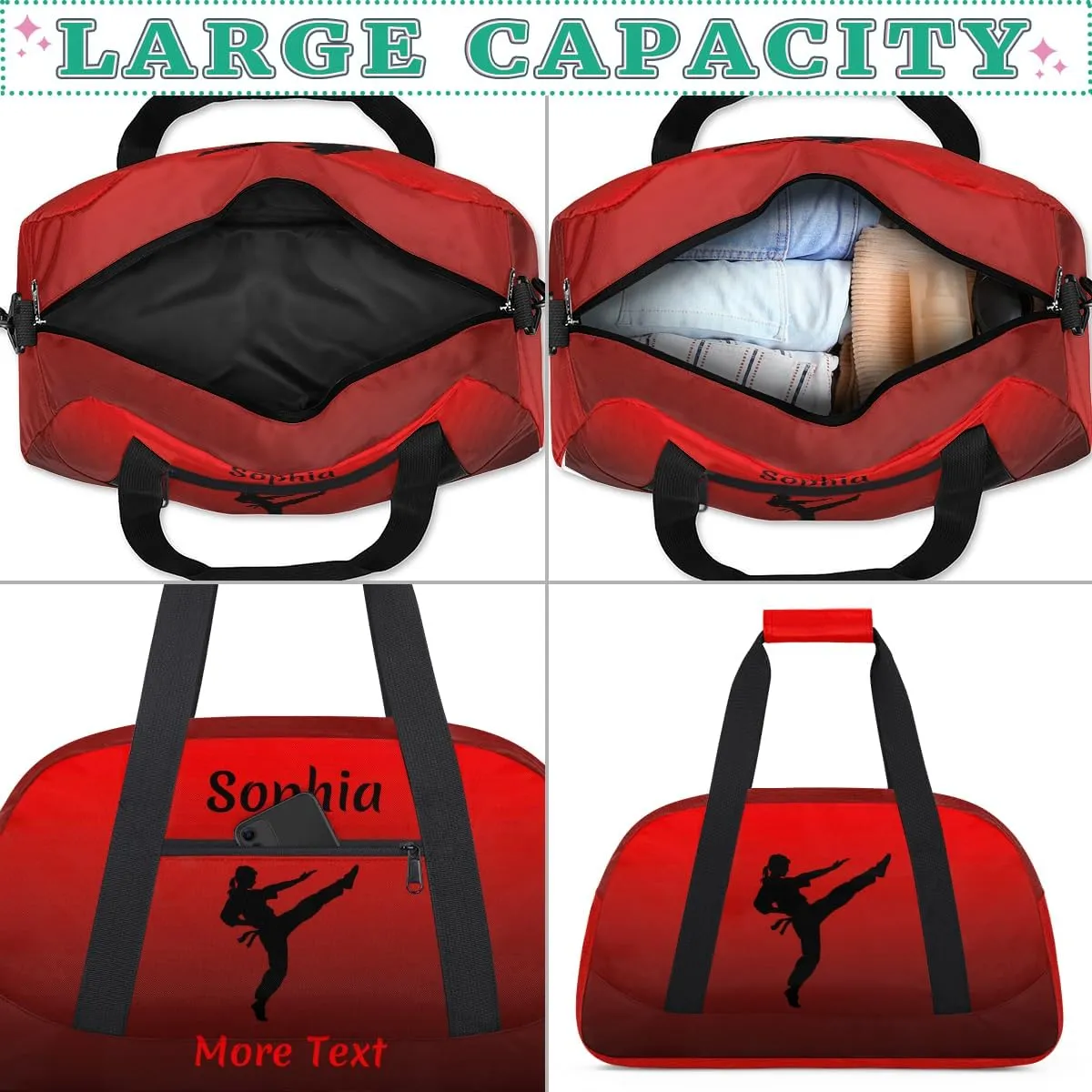 Personalized Kids Duffle Bag for Girls, Custom Sport Gym Bag with Name, Fit School Practice, or Overnight Weekender Travel Red Martial Arts