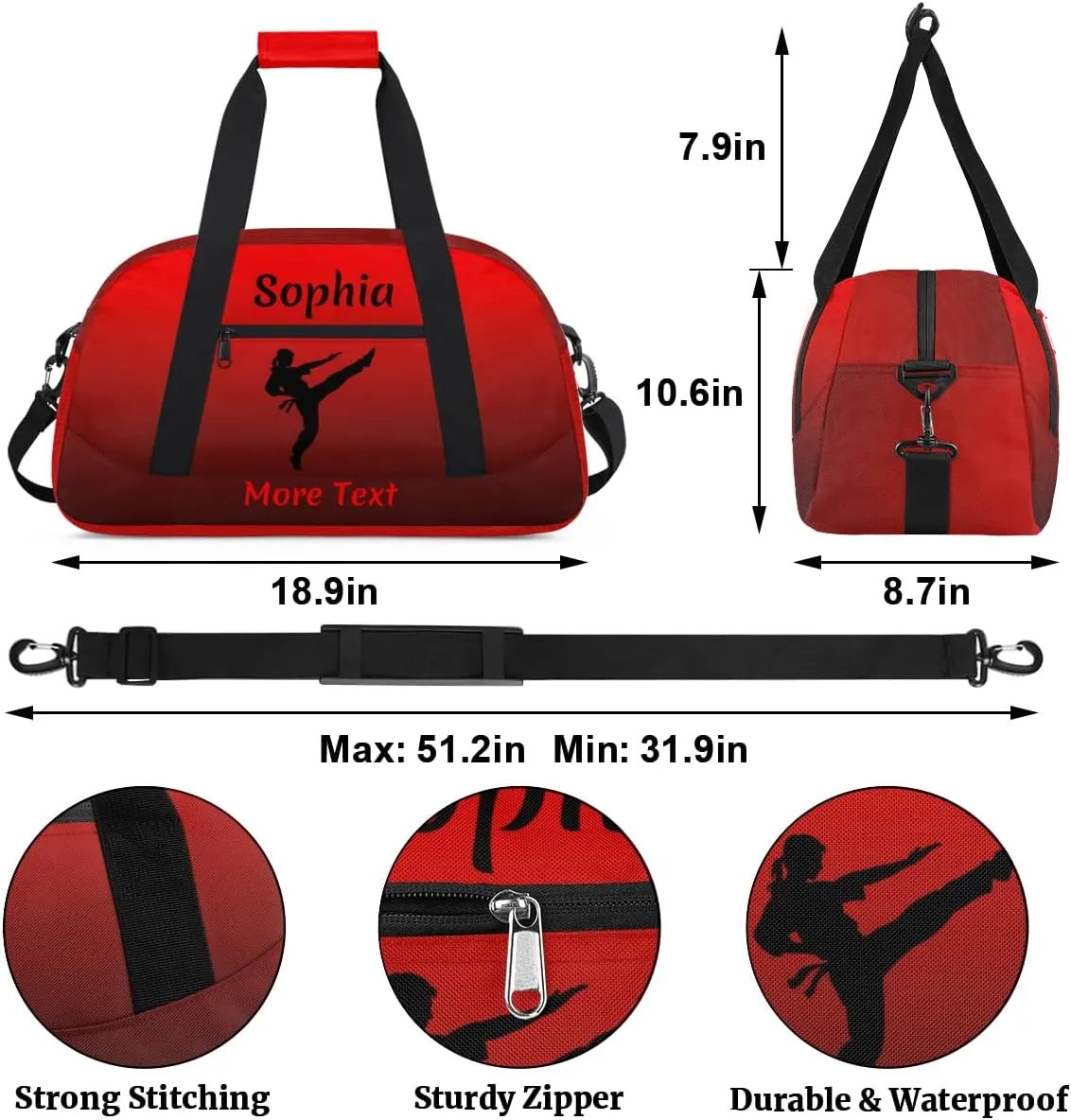 Personalized Kids Duffle Bag for Girls, Custom Sport Gym Bag with Name, Fit School Practice, or Overnight Weekender Travel Red Martial Arts