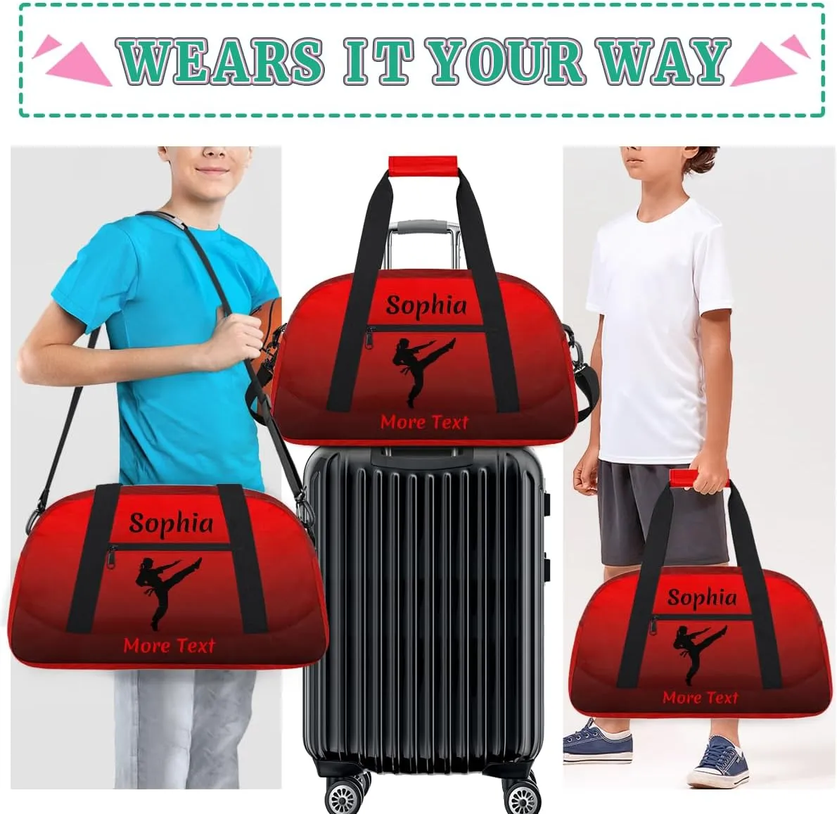 Personalized Kids Duffle Bag for Girls, Custom Sport Gym Bag with Name, Fit School Practice, or Overnight Weekender Travel Red Martial Arts