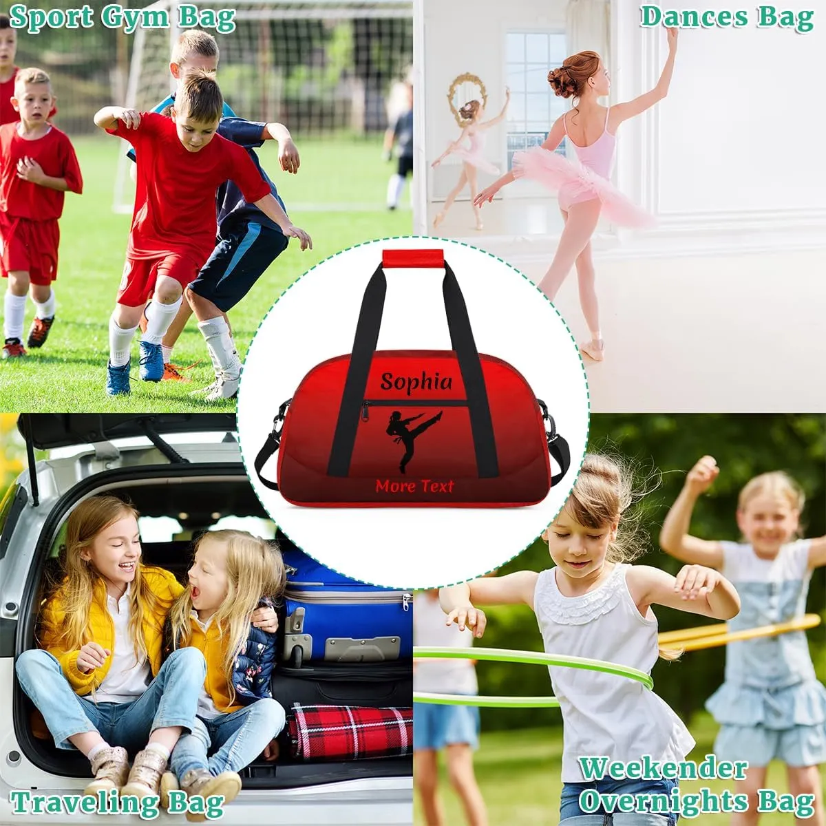 Personalized Kids Duffle Bag for Girls, Custom Sport Gym Bag with Name, Fit School Practice, or Overnight Weekender Travel Red Martial Arts