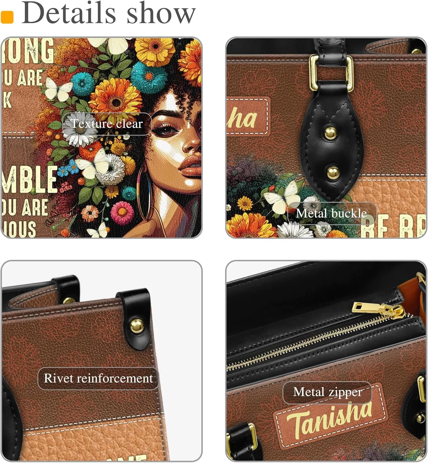 Personalized Leather Handbag with Zipper for African American Woman, Custom Purses Gift For Black Women, Mother's Day Gift