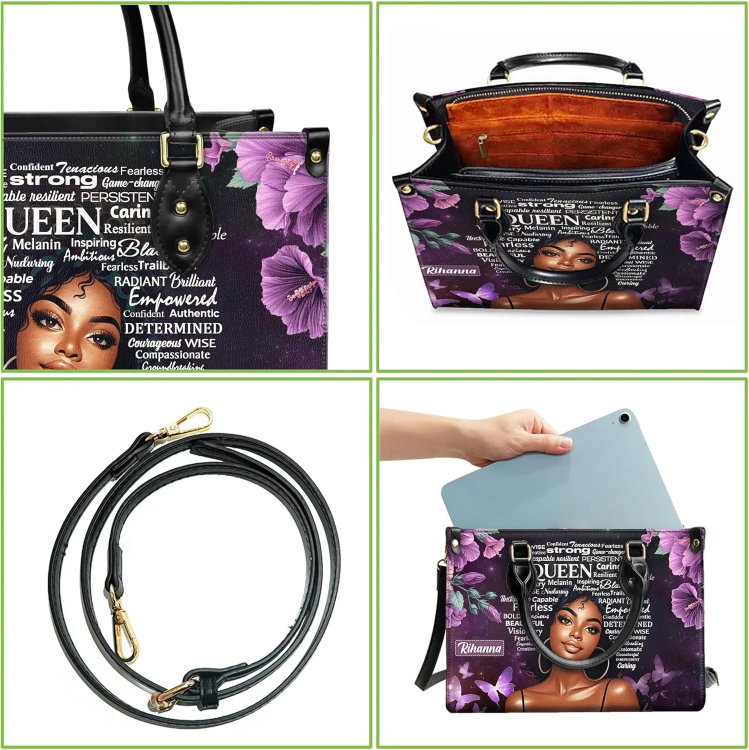 Personalized Leather Handbag with Zipper for African American Woman, Custom Purses Gift For Black Women, Mother's Day Gift