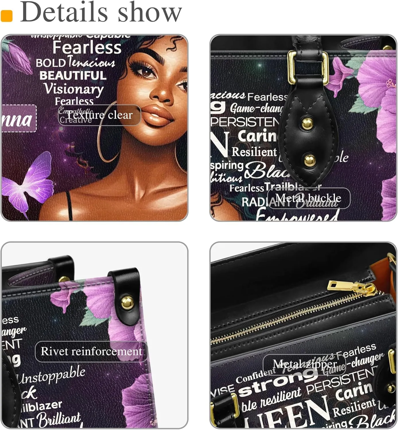 Personalized Leather Handbag with Zipper for African American Woman, Custom Purses Gift For Black Women, Mother's Day Gift