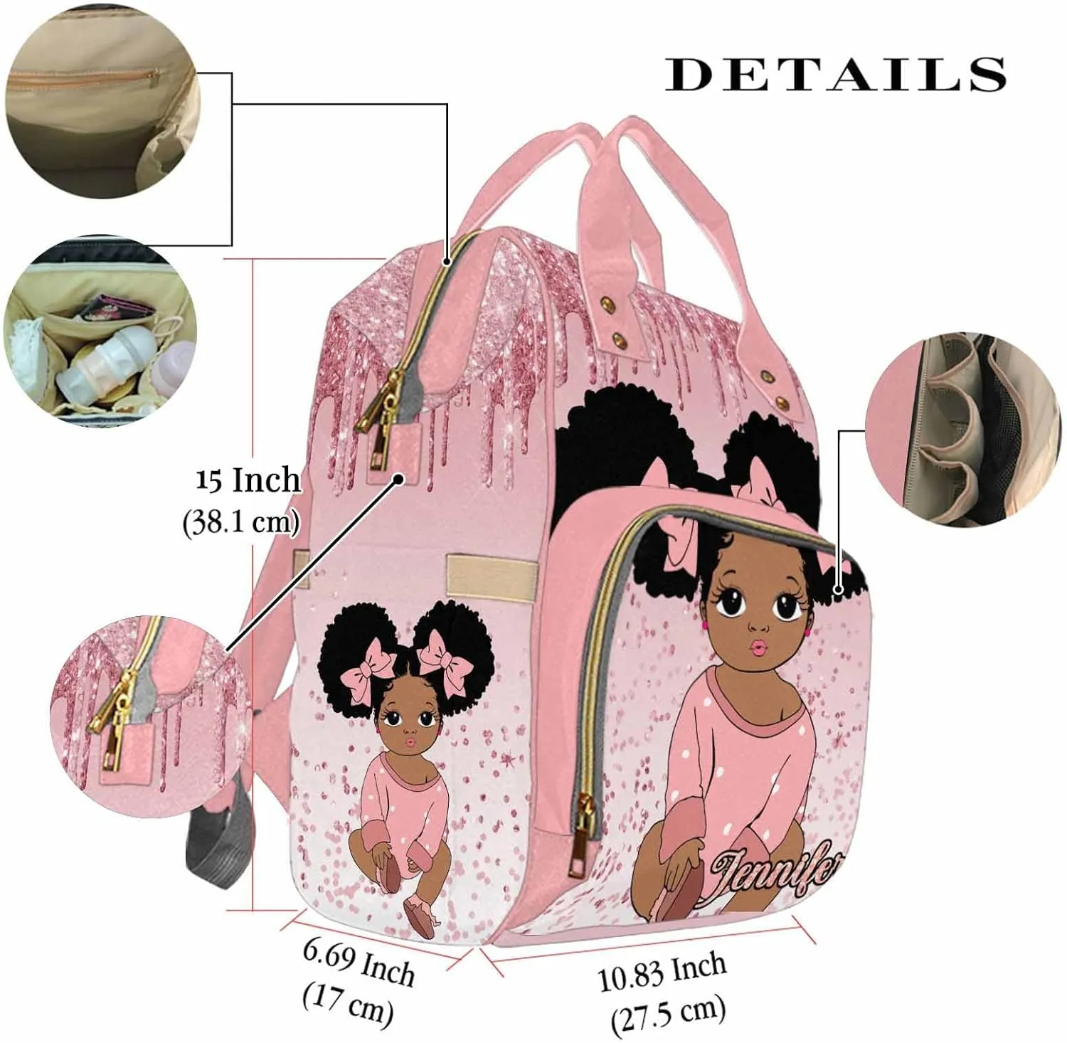 Personalized Name Diaper Bag Backpack with Shiny Glitter, Personalized Travel Backpack Multifunctional Portable Nursing Bags with Multi Pockets & Large Capacity for New Moms