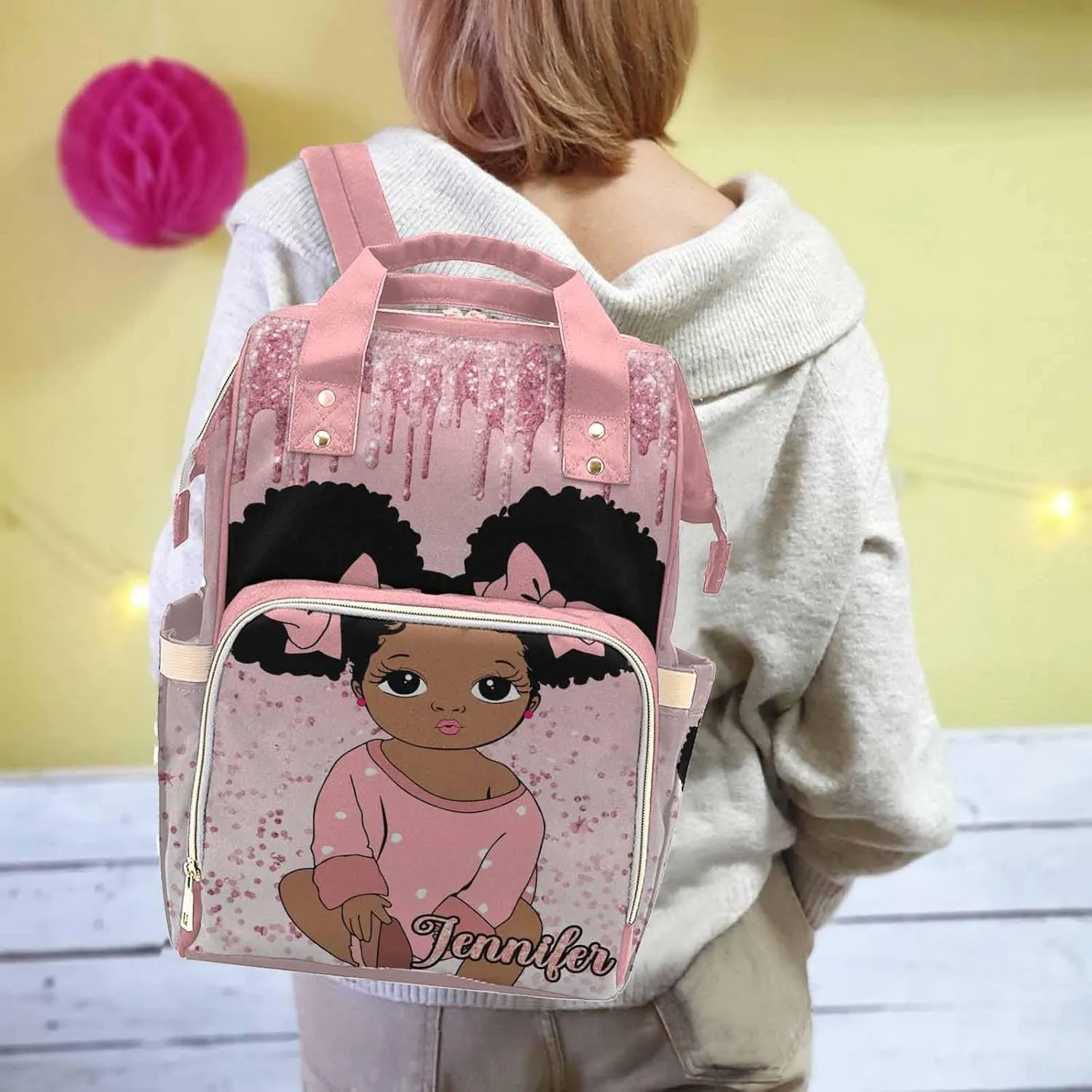 Personalized Name Diaper Bag Backpack with Shiny Glitter, Personalized Travel Backpack Multifunctional Portable Nursing Bags with Multi Pockets & Large Capacity for New Moms