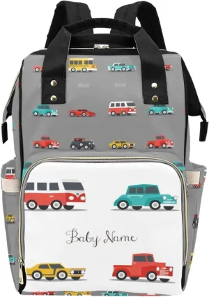 Personalized Name Diaper Bag for Boys Baby, Customized Large Capacity Diaper Backpack with Name, Custom Cartoon Car Waterproof Boys Baby Bag Backpack Nappy Bag