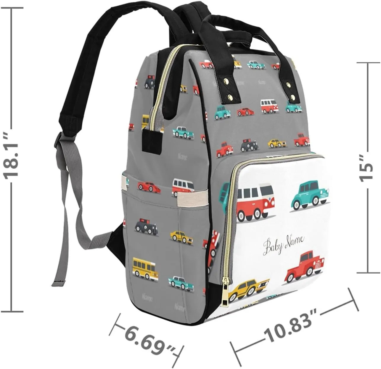 Personalized Name Diaper Bag for Boys Baby, Customized Large Capacity Diaper Backpack with Name, Custom Cartoon Car Waterproof Boys Baby Bag Backpack Nappy Bag