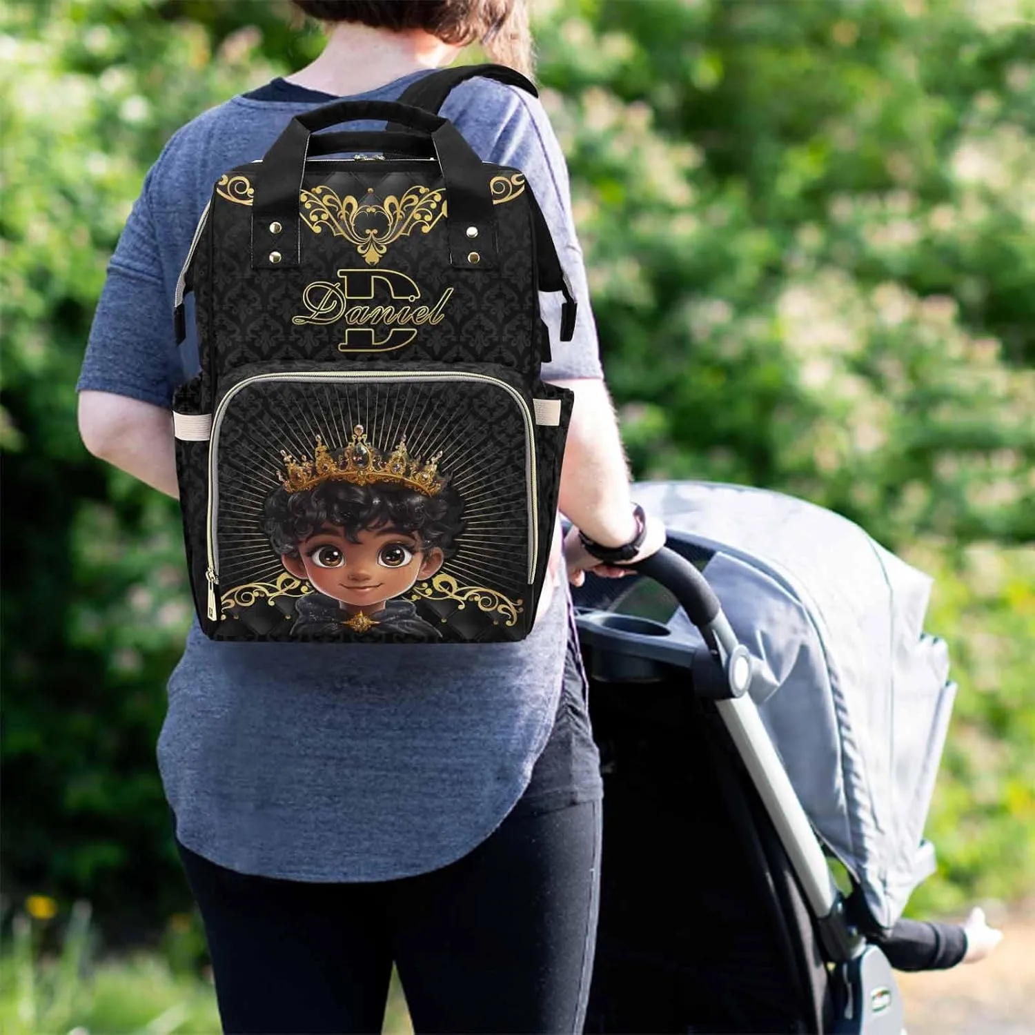 Personalized Name Diaper Bag with Large Capacity, Customized Nappy Backpack Travel Leisure Baby Prince Crown Customized Mommy Bag with Name for Baby Girl Outdoor Mother's Day