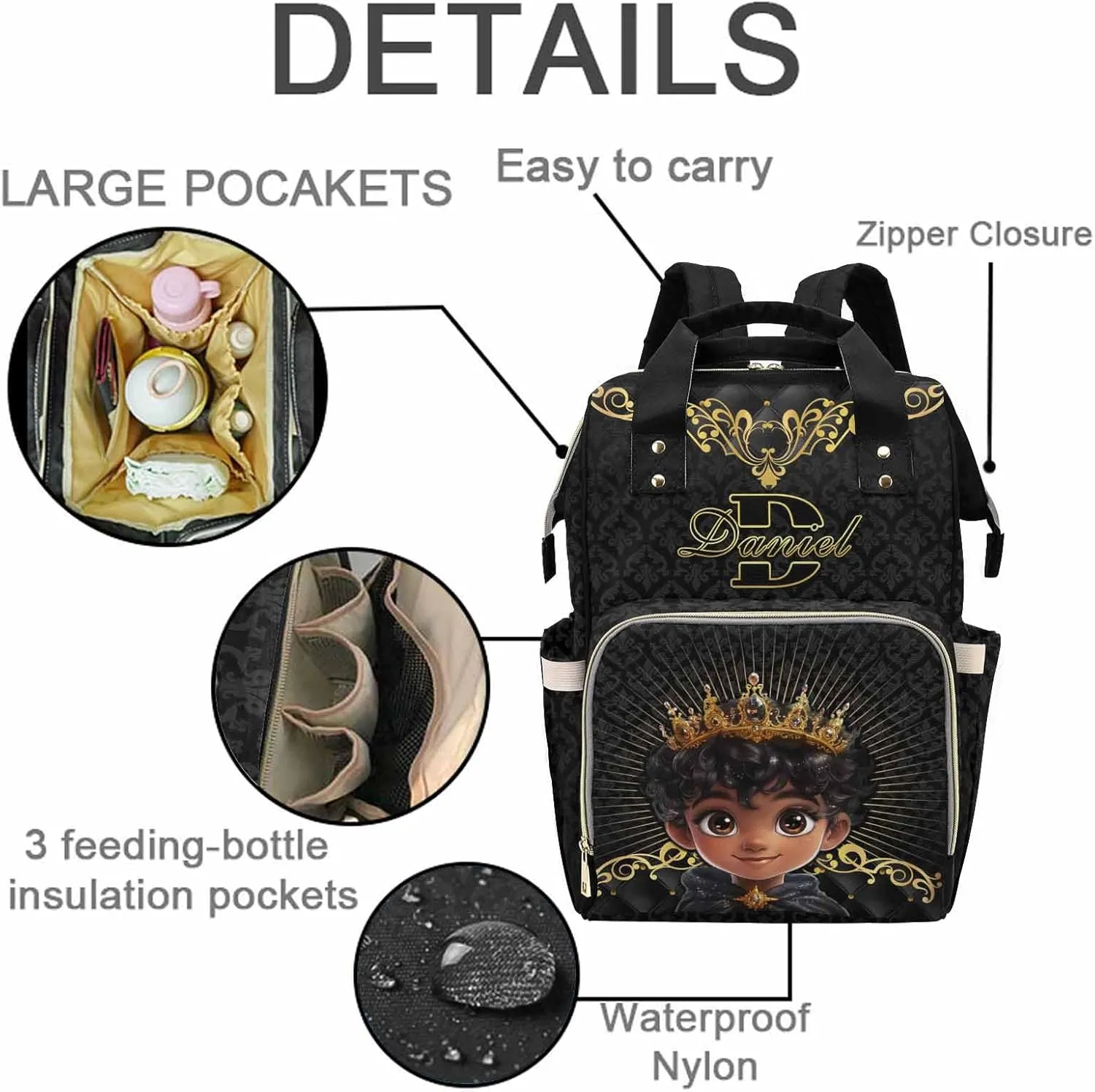 Personalized Name Diaper Bag with Large Capacity, Customized Nappy Backpack Travel Leisure Baby Prince Crown Customized Mommy Bag with Name for Baby Girl Outdoor Mother's Day