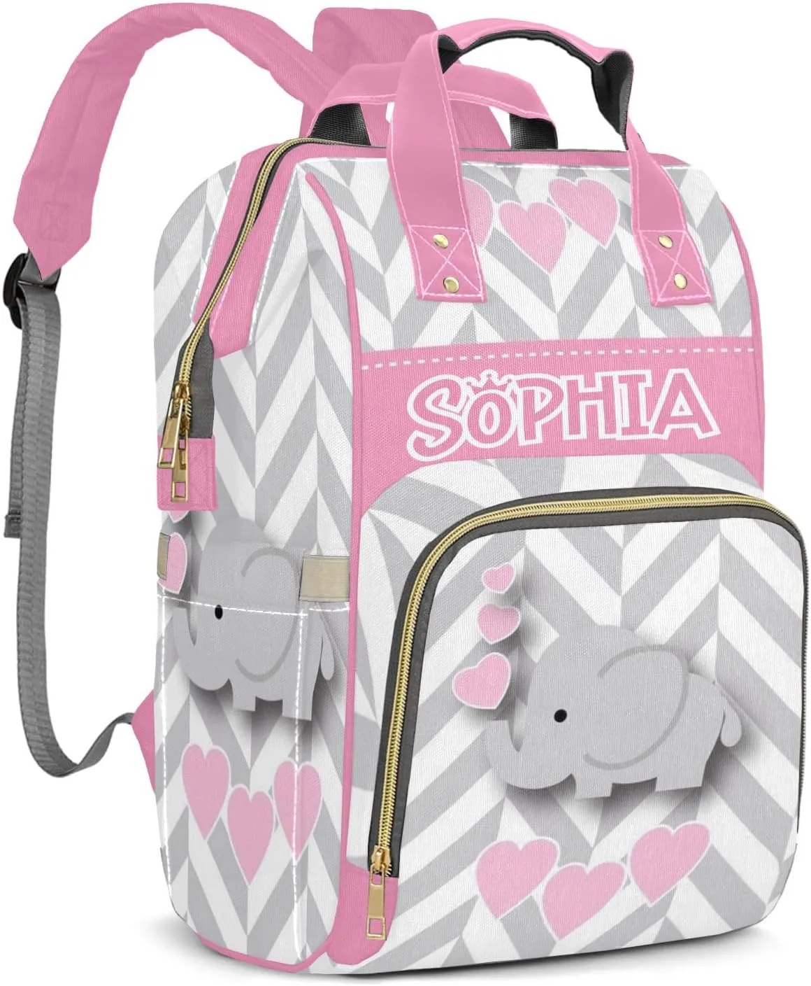 Personalized Pink Elephant Chevron Diaper Bags Backpack with Name Mummy Nursing Bags Gifts for Mom Dad