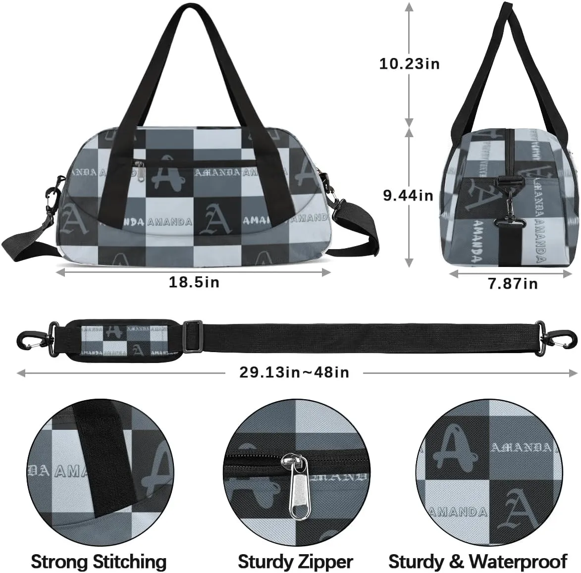 Personalized Sport Dance Bag Custom Boys Gym Bag Girls Ballet Dance Bag Customize Travel Duffle Bag with Name Overnight Weekender Bags (Black Grey)