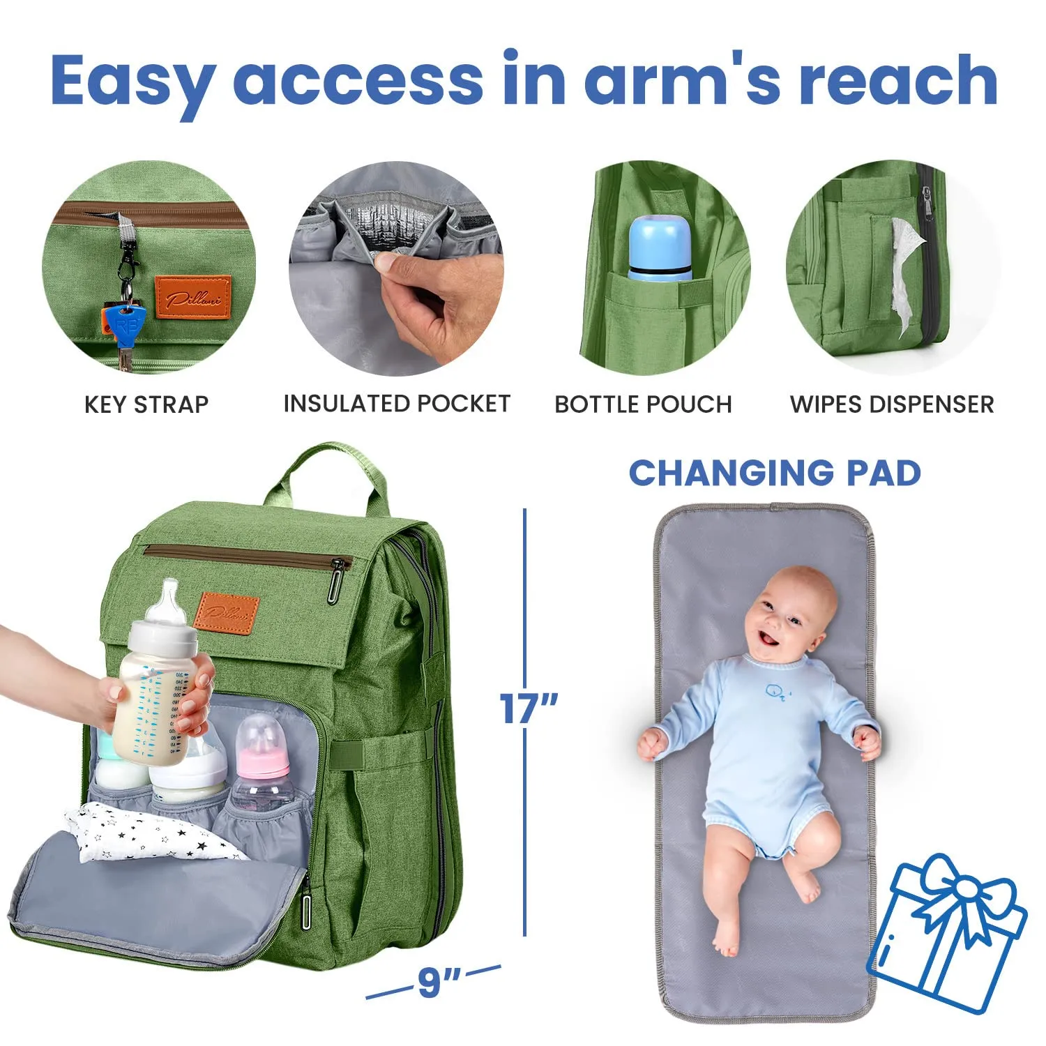PILLANI Baby Diaper Bag Backpack - Large Bag for Boys & Girls - Diaper Backpack - Travel Diaper Bags with Changing Pad - Baby Registry Search Stuff & Shower Gifts - Newborn Essentials Must Haves Mom