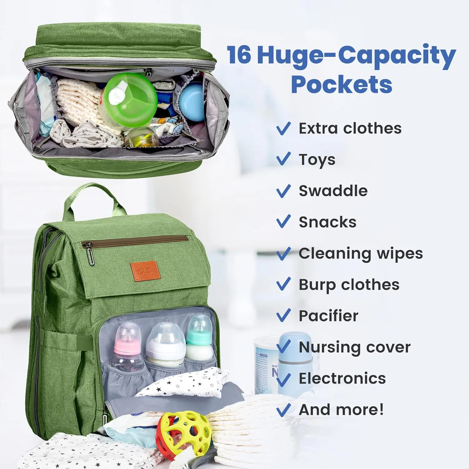 PILLANI Baby Diaper Bag Backpack - Large Bag for Boys & Girls - Diaper Backpack - Travel Diaper Bags with Changing Pad - Baby Registry Search Stuff & Shower Gifts - Newborn Essentials Must Haves Mom