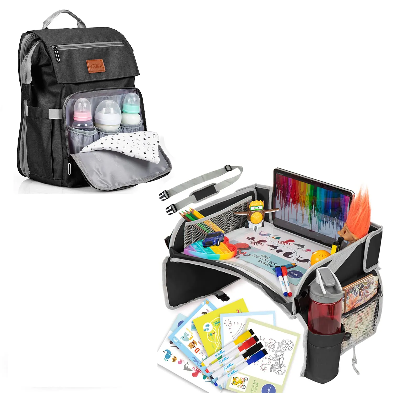 PILLANI Travel Bundle: Kids Travel Tray & Diaper Bag