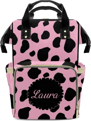 Pink Cow Wave Dot Personalized Diaper Bags Waterproof Backpack Shoulder Daypack for Mother's Day Gifts