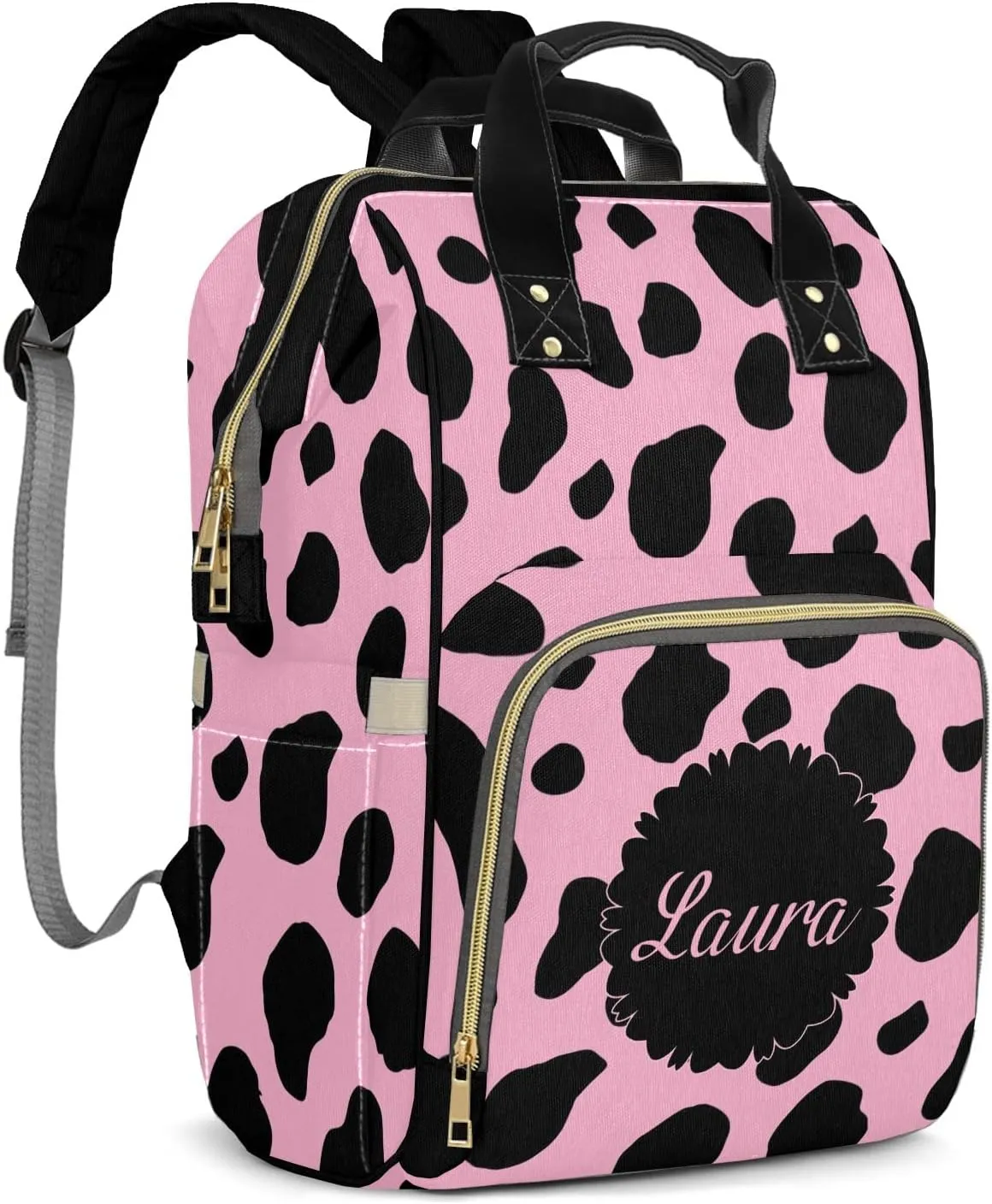 Pink Cow Wave Dot Personalized Diaper Bags Waterproof Backpack Shoulder Daypack for Mother's Day Gifts