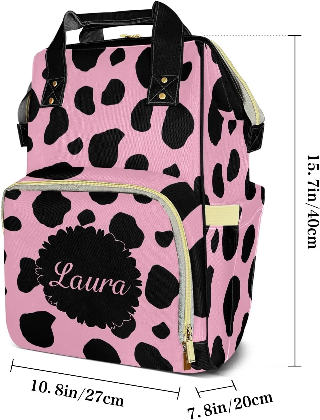 Pink Cow Wave Dot Personalized Diaper Bags Waterproof Backpack Shoulder Daypack for Mother's Day Gifts