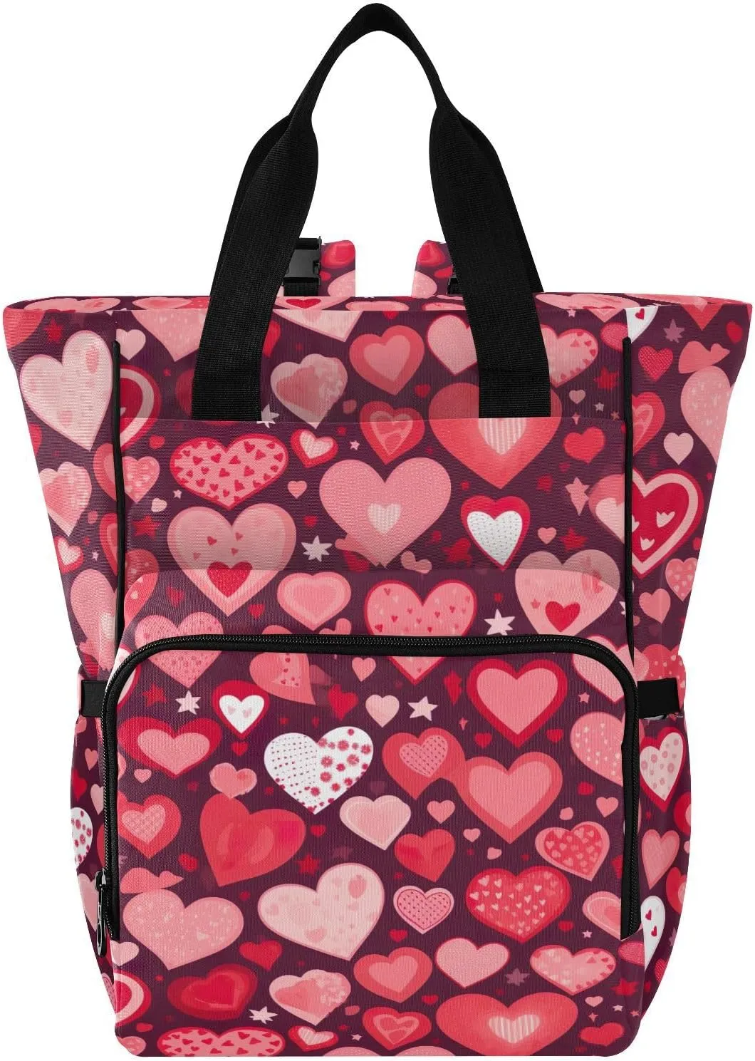 Pink Hear Valentine's Day Diaper Bag Backpack Large Capacity Baby Bag with Stroller Straps Waterproof Travel Diaper Bags Insulated Pockets for Women Men Mom Boys Girls