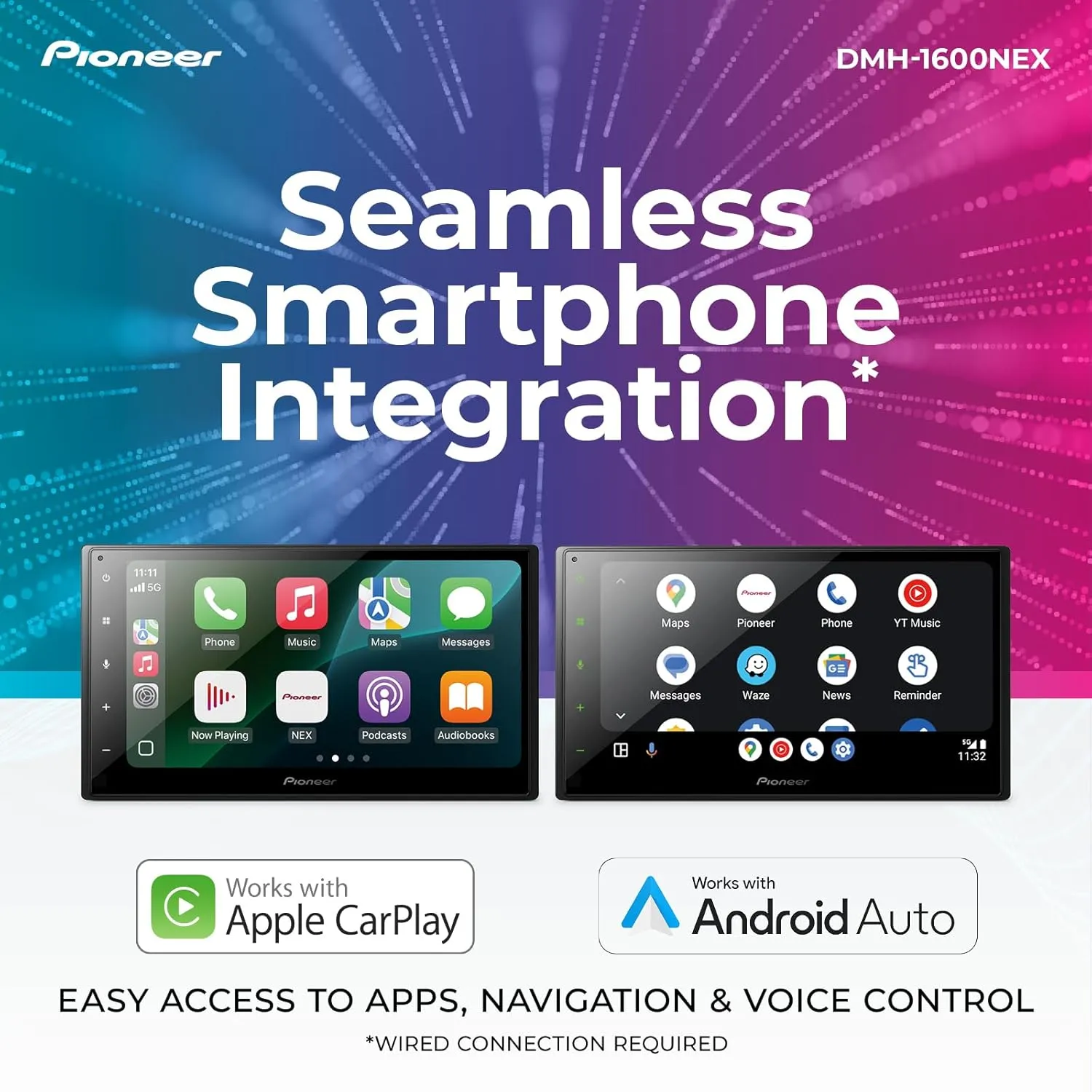 Pioneer DMH-1600NEX 6.8" Double-Din Digital Multimedia Receiver - Built in Bluetooth, Wired Apple CarPlay and Android Auto, Touchscreen, Rear Camera Input