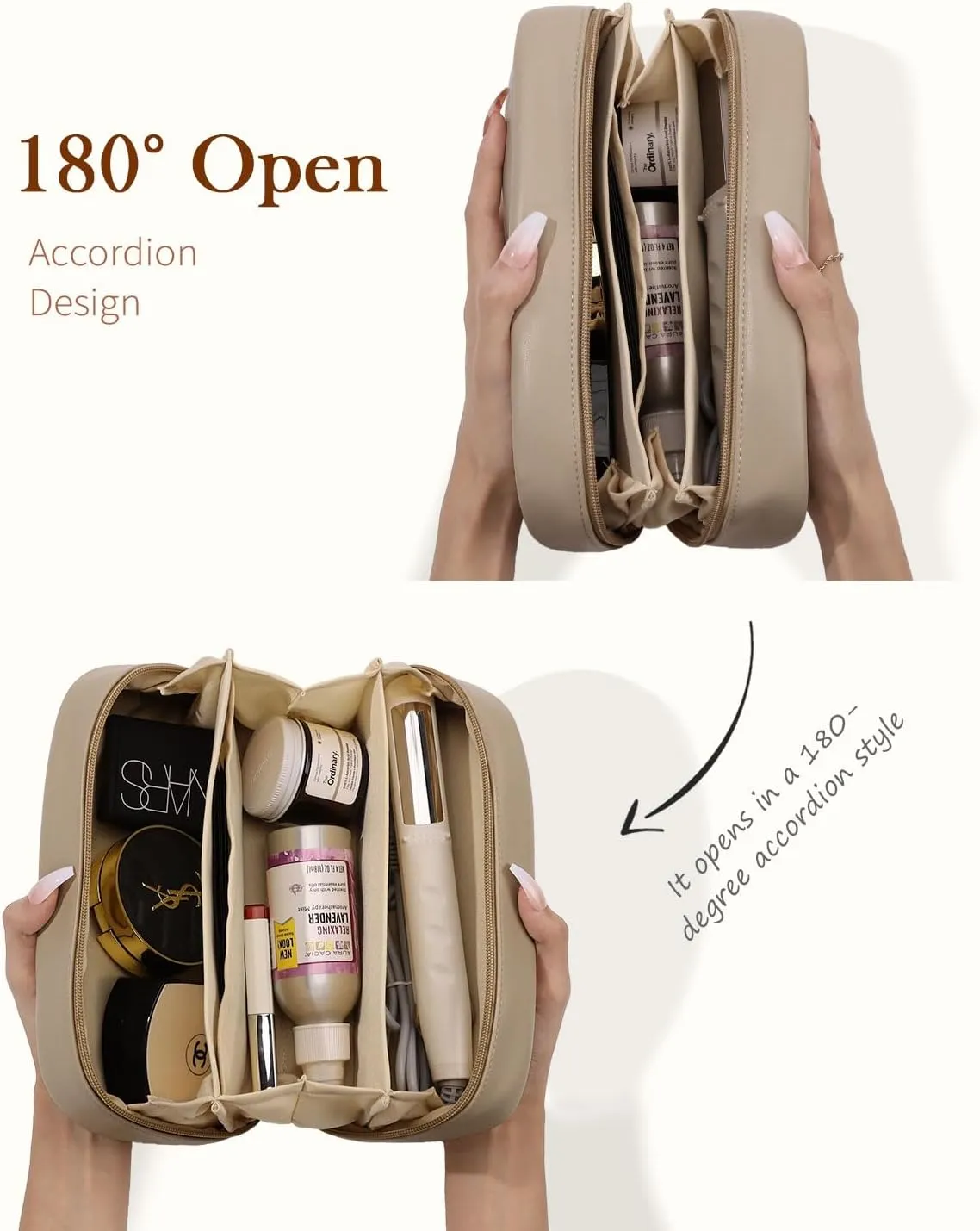 Pocmimut Christmas Gifts, Makeup Bag Travel Accessories for Women,Open Flat Make Pouch Christmas Birthday Gifts for Mom and Lover,Apricot