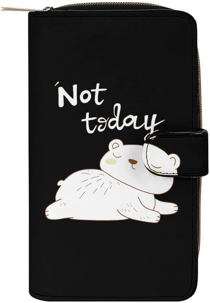 Polar Bear Not Today Womens Wallet Leather Card Holder Purse RFID Blocking Bifold Clutch Handbag with Zipper Pocket 19.7x11x3.5cm