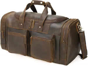 Polare 23" Full Grain Cowhide Leather Travel Duffle Bag Weekender Overnight Carry on Bag For Men