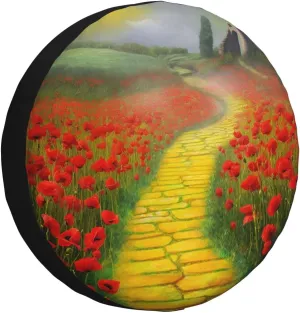 Poppies Field Yellow Brick Road Spare Tire Cover Weatherproof Wheel Covers Universal Wheel Protectors Portable Wheel Bags Camper Tire Covers for Trailer Rv Travel Accessories 17 inch