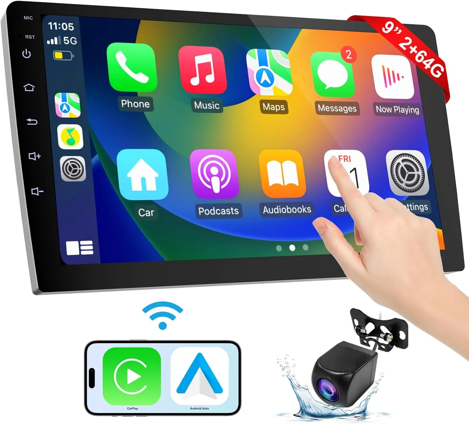 Portable Carplay Screen for Car, 9 inch Wireless CarPlay & Android Auto,Backup Camera,Double Din Car Stereo,GPS Navigation, ZLink,Audio Receivers, Music Player (9 inch)