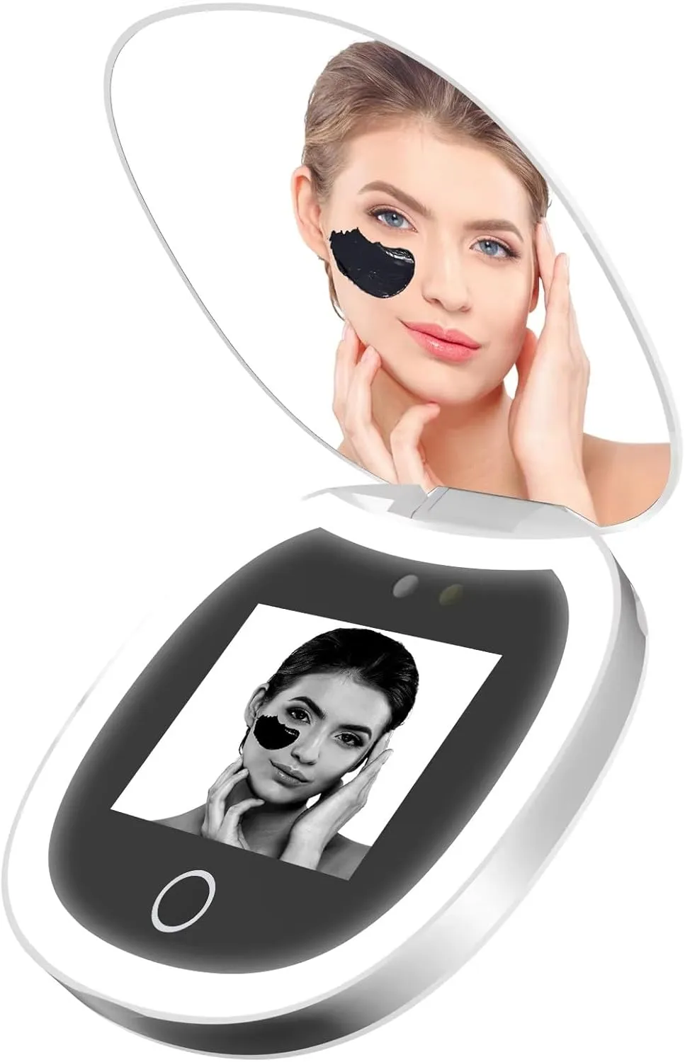 Portable Circular Beauty Mirror with Smart UV Sunscreen Tester, 360° Adjustable l LED Fill Light, UV Camera for Skin Protection Detection, Long - Standby, Ideal for Sun Skin Care and Travel