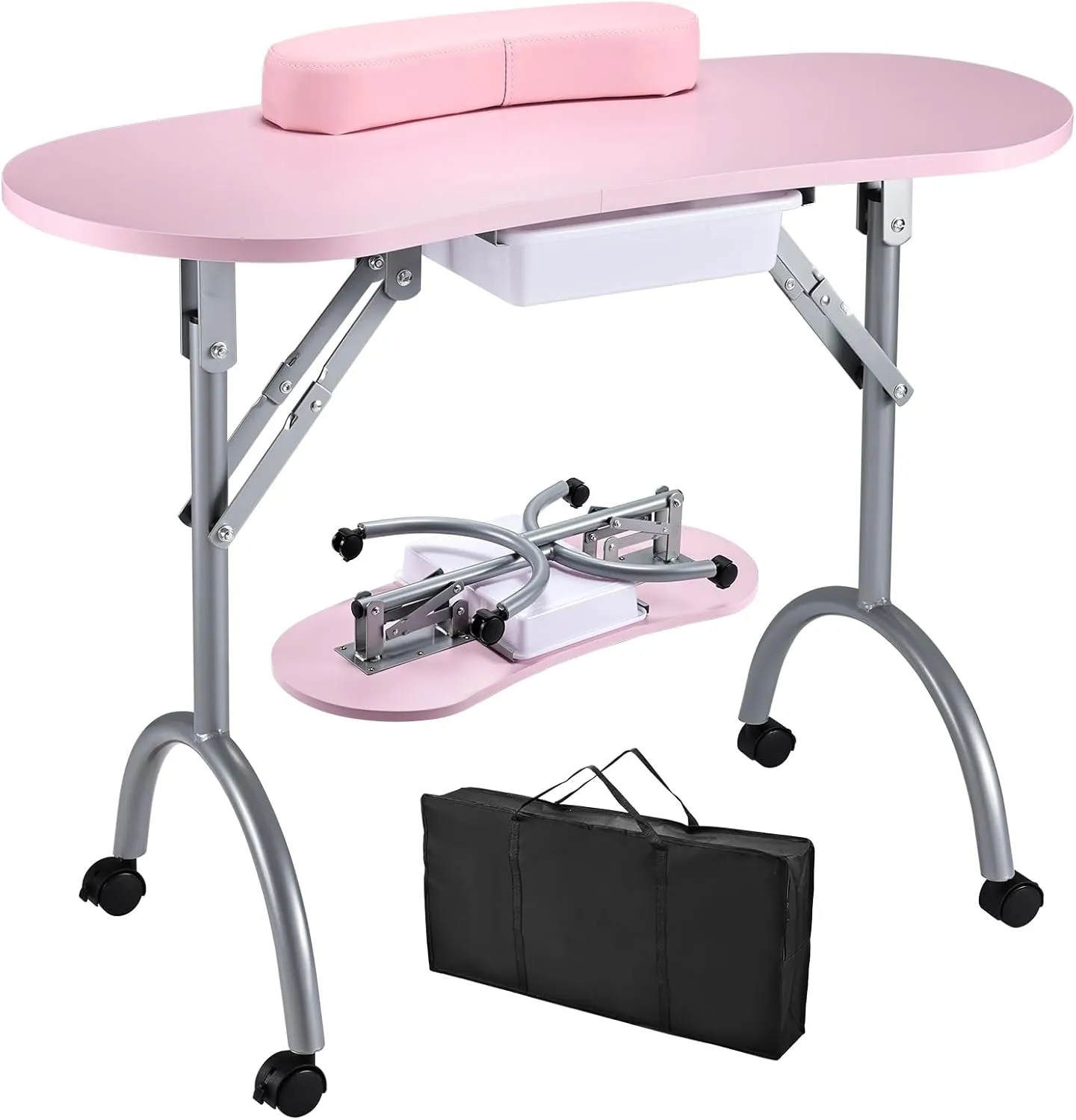 Portable Nail Table Manicure Desk Foldable Nails Tech Station Professional Nail Desk with Drawer & Wrist Rest Wheeled Manicurist Workstation for Home Spa Beauty Salon Pink