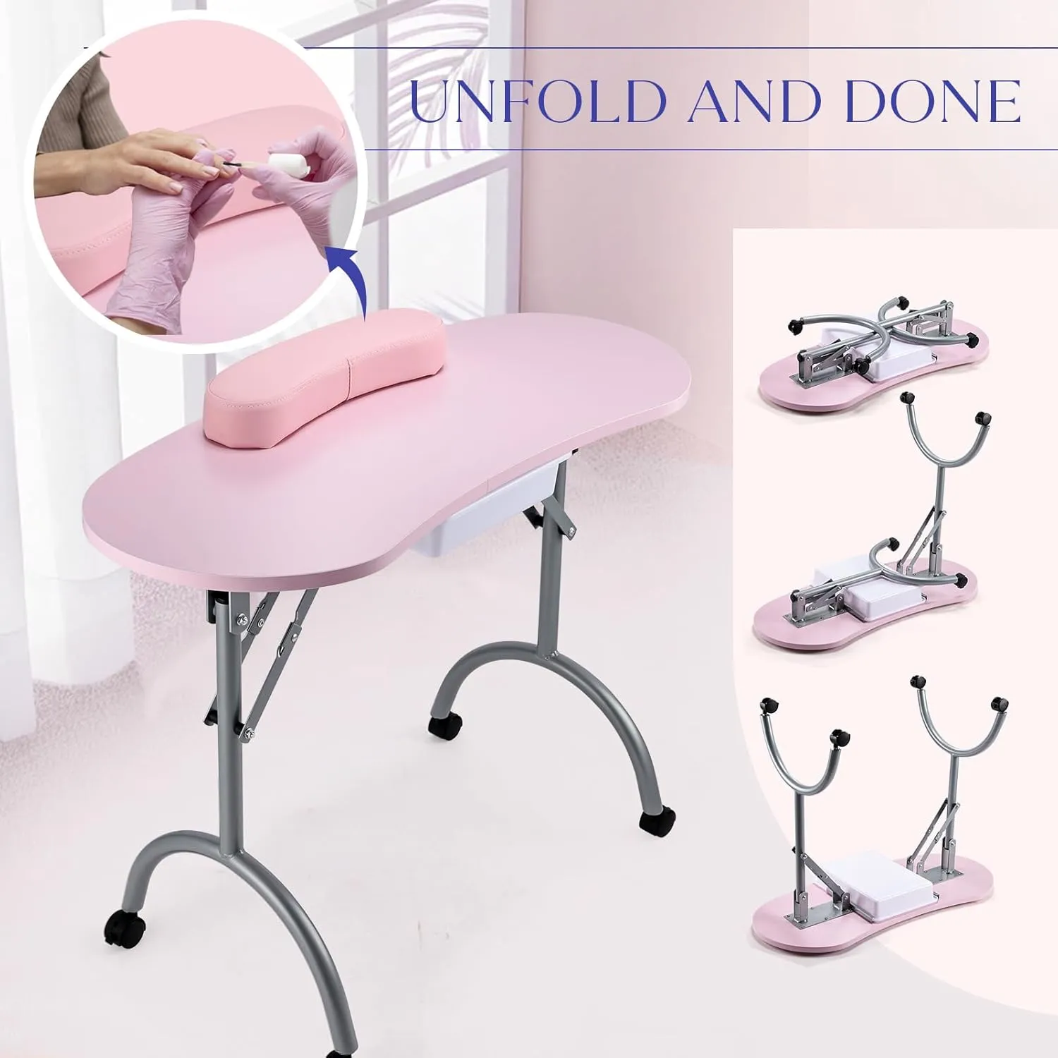 Portable Nail Table Manicure Desk Foldable Nails Tech Station Professional Nail Desk with Drawer & Wrist Rest Wheeled Manicurist Workstation for Home Spa Beauty Salon Pink
