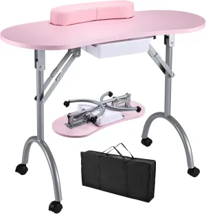 Portable Nail Table Manicure Desk Foldable Nails Tech Station Professional Nail Desk with Drawer & Wrist Rest Wheeled Manicurist Workstation for Home Spa Beauty Salon Pink