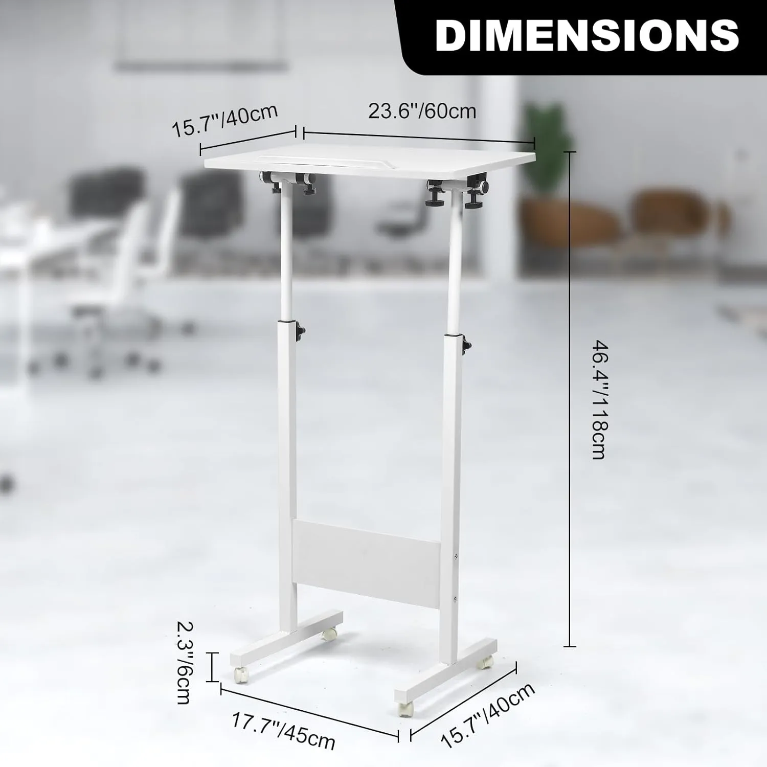 Portable White Podium Stand with Wheels, Height Adjustable Church Classroom Lectern, Presentation Podium Standing Desk