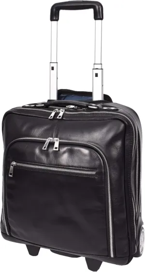 Premium Leather Pilot Case Wheeled Briefcase Business Travel Laptop Bag Multi Zip Pockets A51, Black, M, Pilot Case