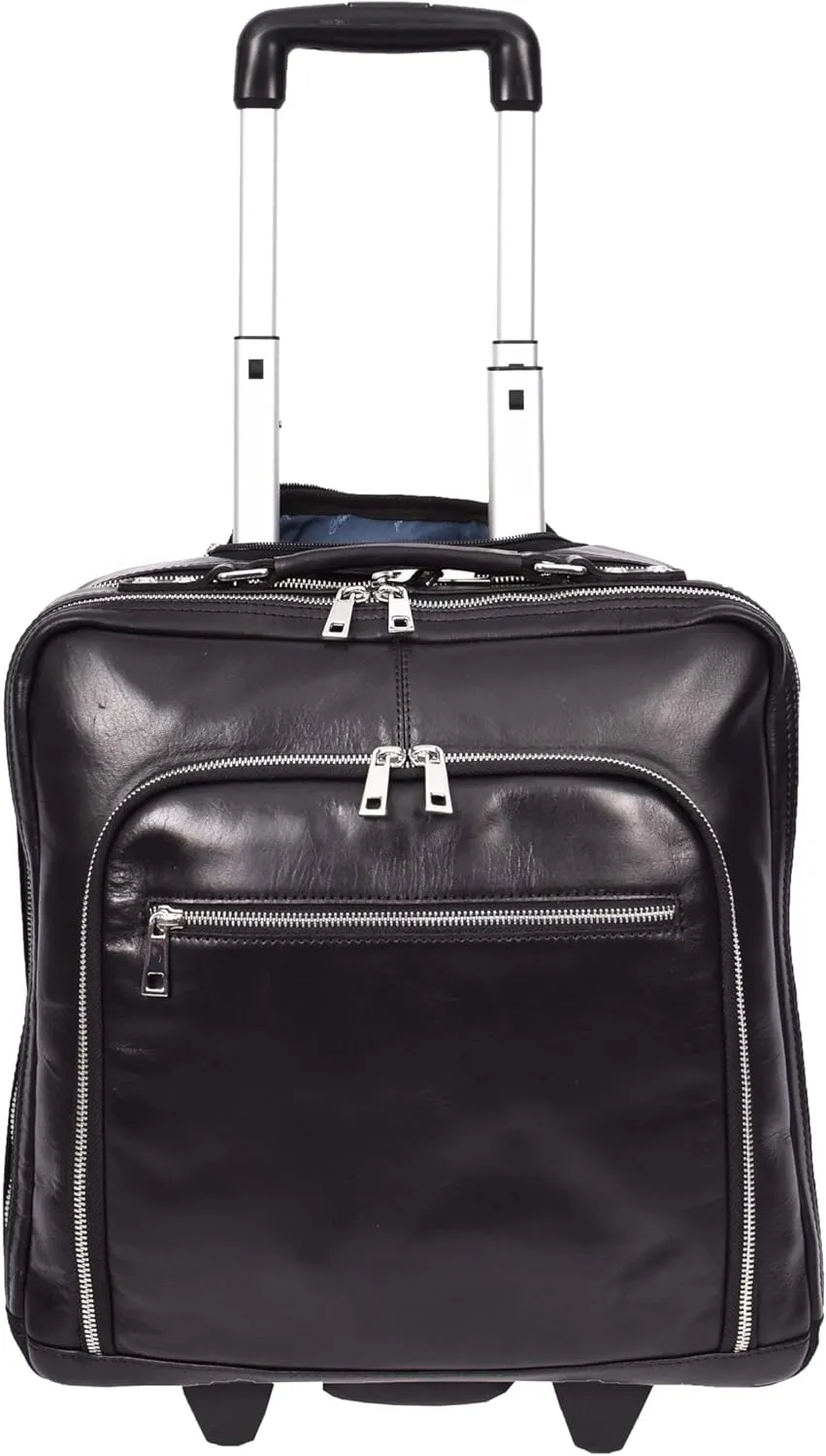 Premium Leather Pilot Case Wheeled Briefcase Business Travel Laptop Bag Multi Zip Pockets A51, Black, M, Pilot Case