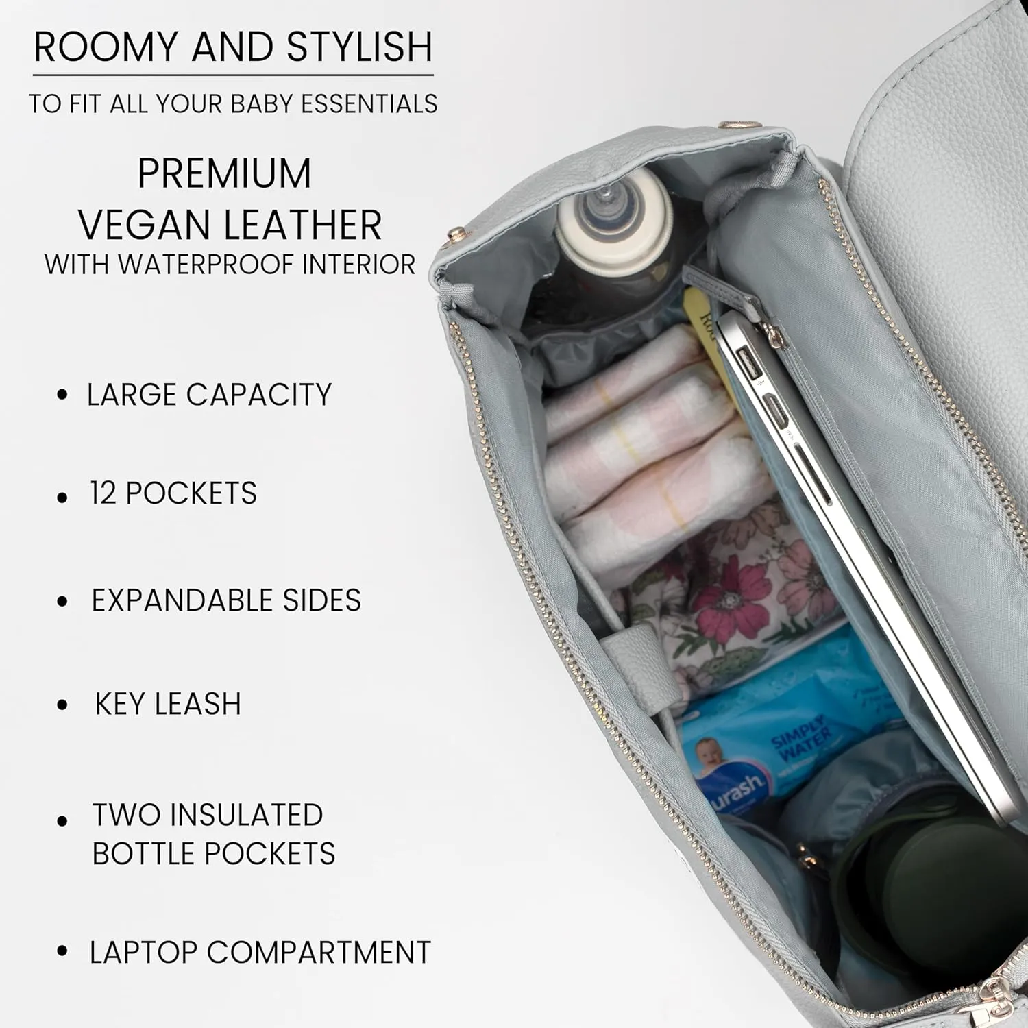 Premium Vegan Leather Diaper Bag Backpack – Large Designer Baby Bag, Stylish Diaper Backpack with Stroller & Crossbody Straps & Multiple Compartments (Ash Grey)