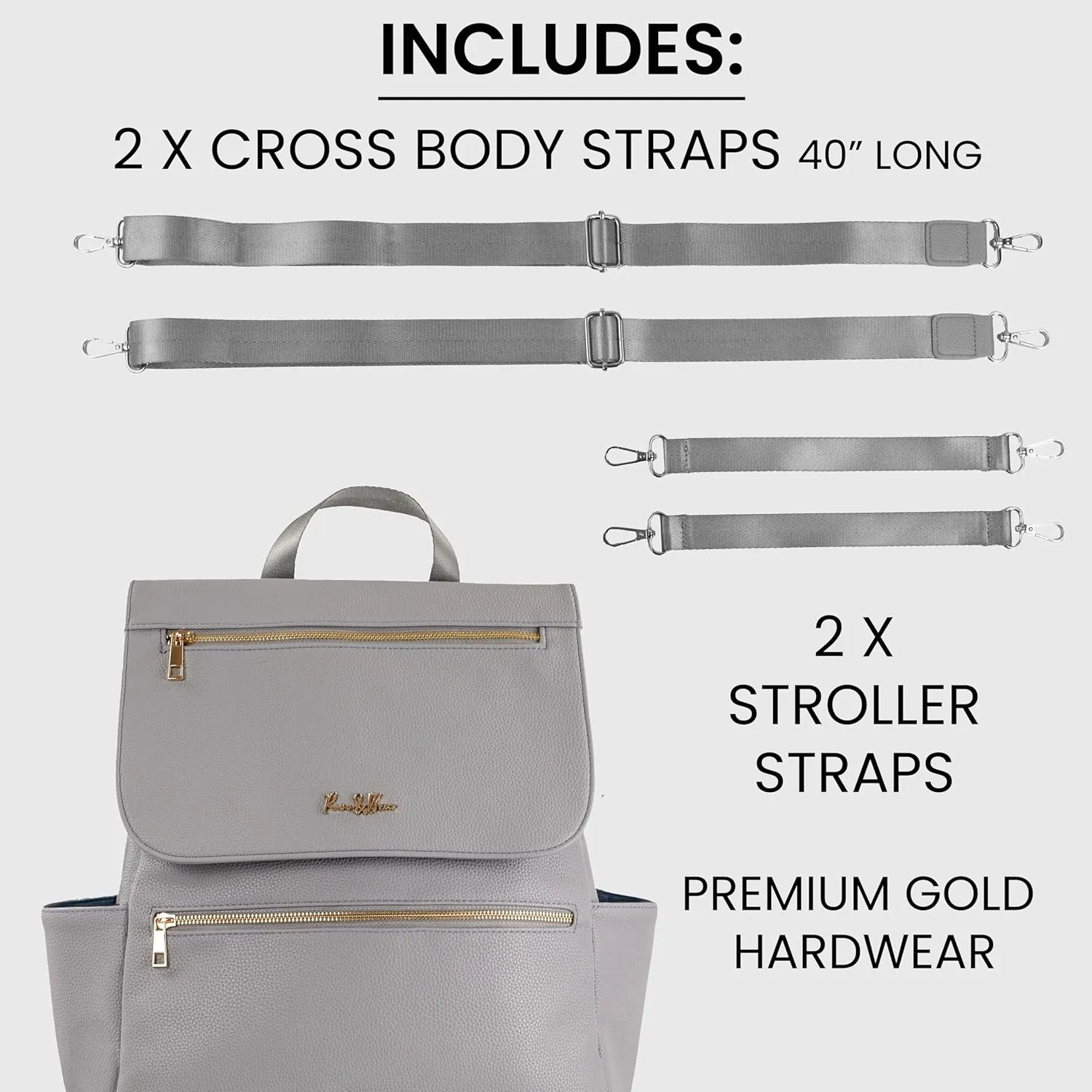 Premium Vegan Leather Diaper Bag Backpack – Large Designer Baby Bag, Stylish Diaper Backpack with Stroller & Crossbody Straps & Multiple Compartments (Ash Grey)