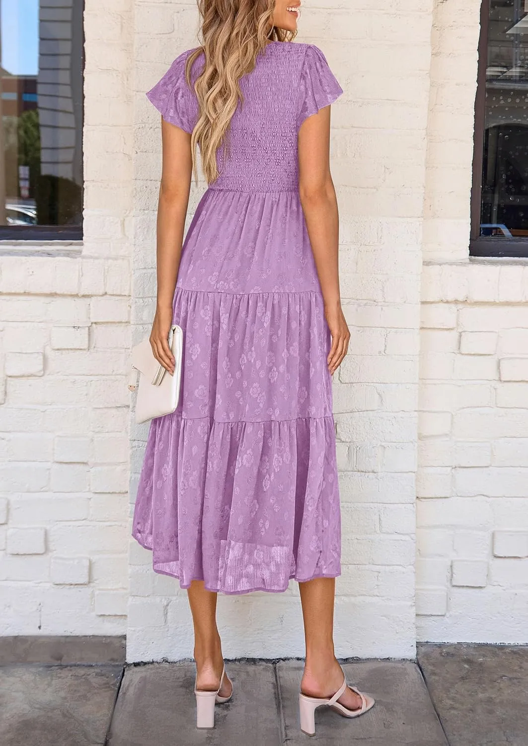PRETTYGARDEN Midi Dress for Women 2025 Summer Floral Cap Sleeve Smocked Ruffle A Line Long Flowy Wedding Guest Dresses