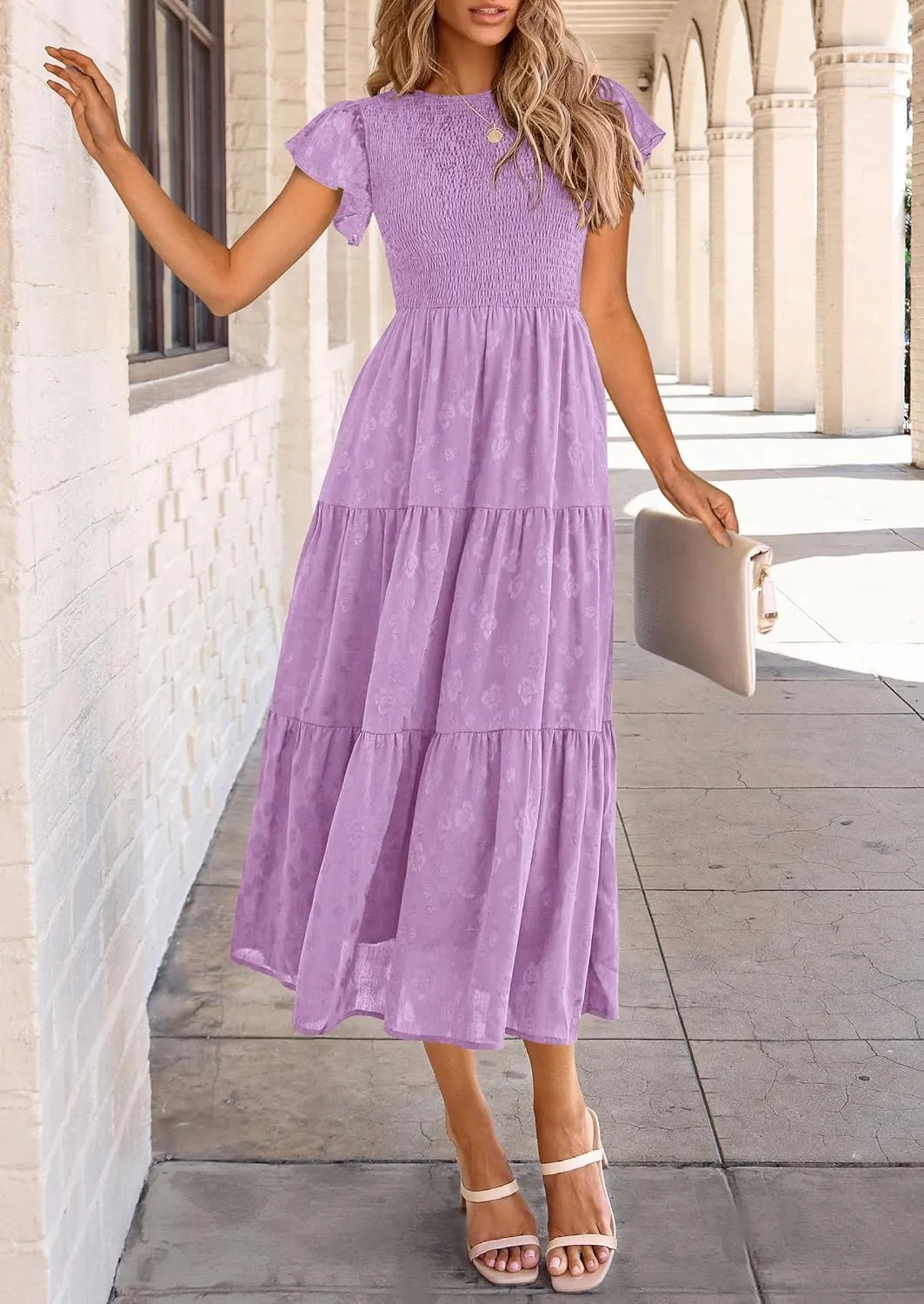 PRETTYGARDEN Midi Dress for Women 2025 Summer Floral Cap Sleeve Smocked Ruffle A Line Long Flowy Wedding Guest Dresses