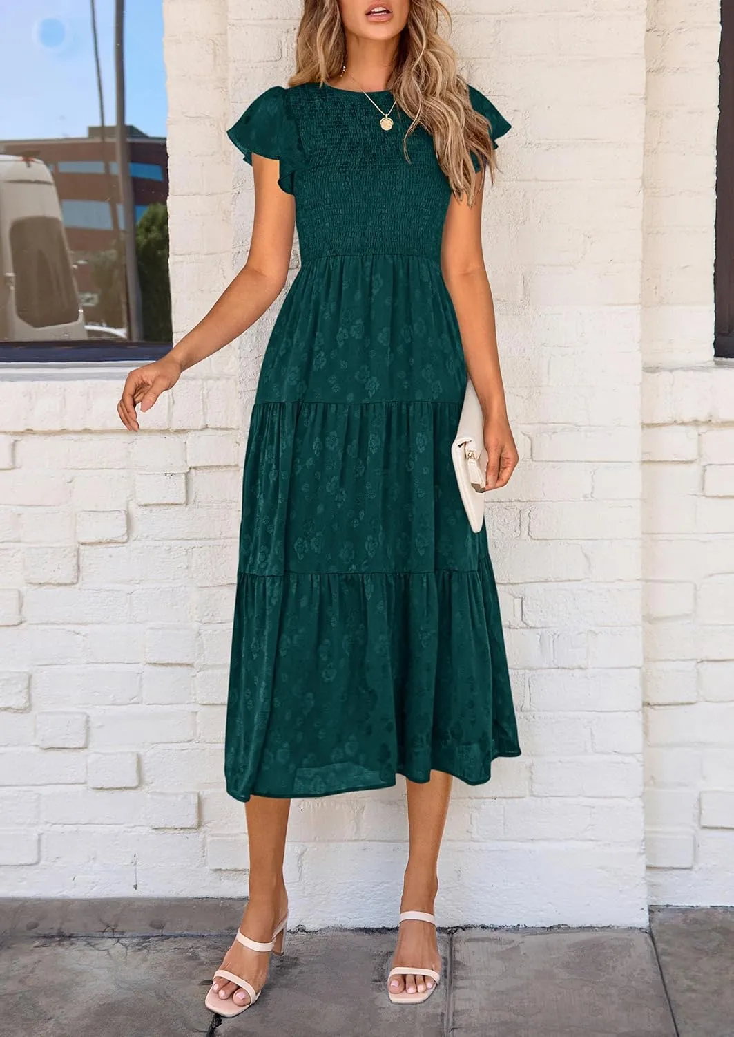 PRETTYGARDEN Midi Dress for Women 2025 Summer Floral Cap Sleeve Smocked Ruffle A Line Long Flowy Wedding Guest Dresses
