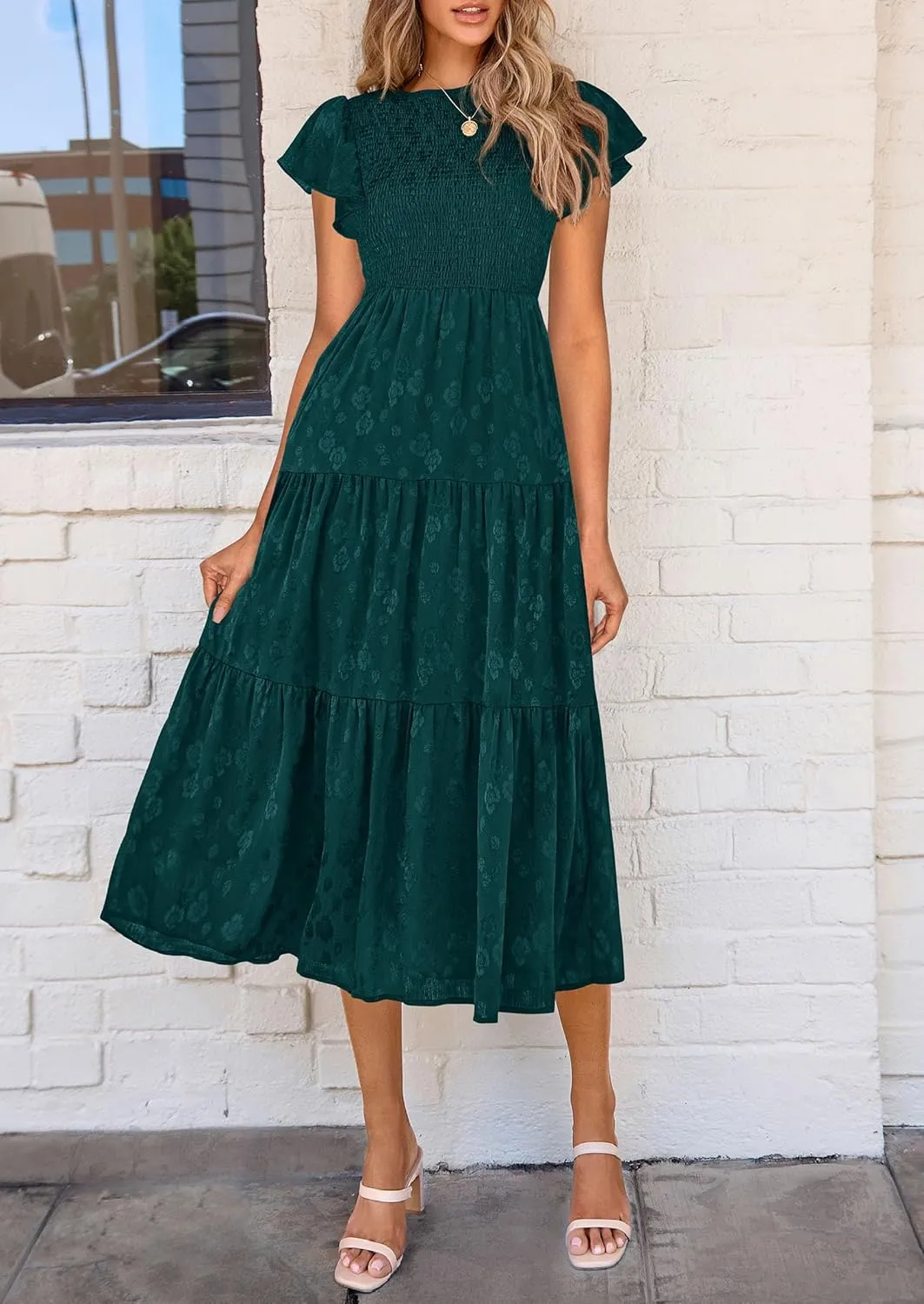 PRETTYGARDEN Midi Dress for Women 2025 Summer Floral Cap Sleeve Smocked Ruffle A Line Long Flowy Wedding Guest Dresses