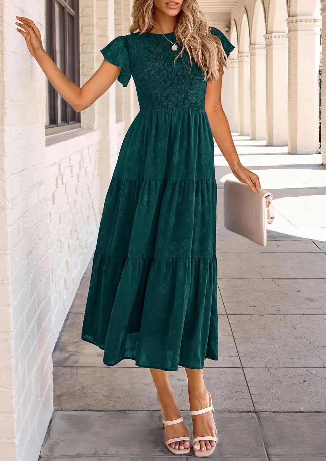 PRETTYGARDEN Midi Dress for Women 2025 Summer Floral Cap Sleeve Smocked Ruffle A Line Long Flowy Wedding Guest Dresses