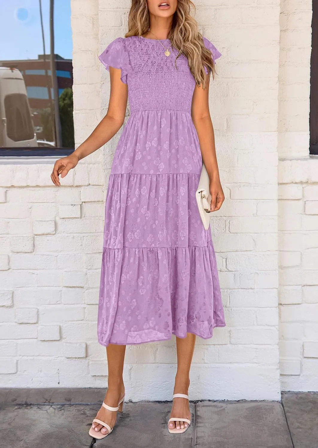 PRETTYGARDEN Midi Dress for Women 2025 Summer Floral Cap Sleeve Smocked Ruffle A Line Long Flowy Wedding Guest Dresses