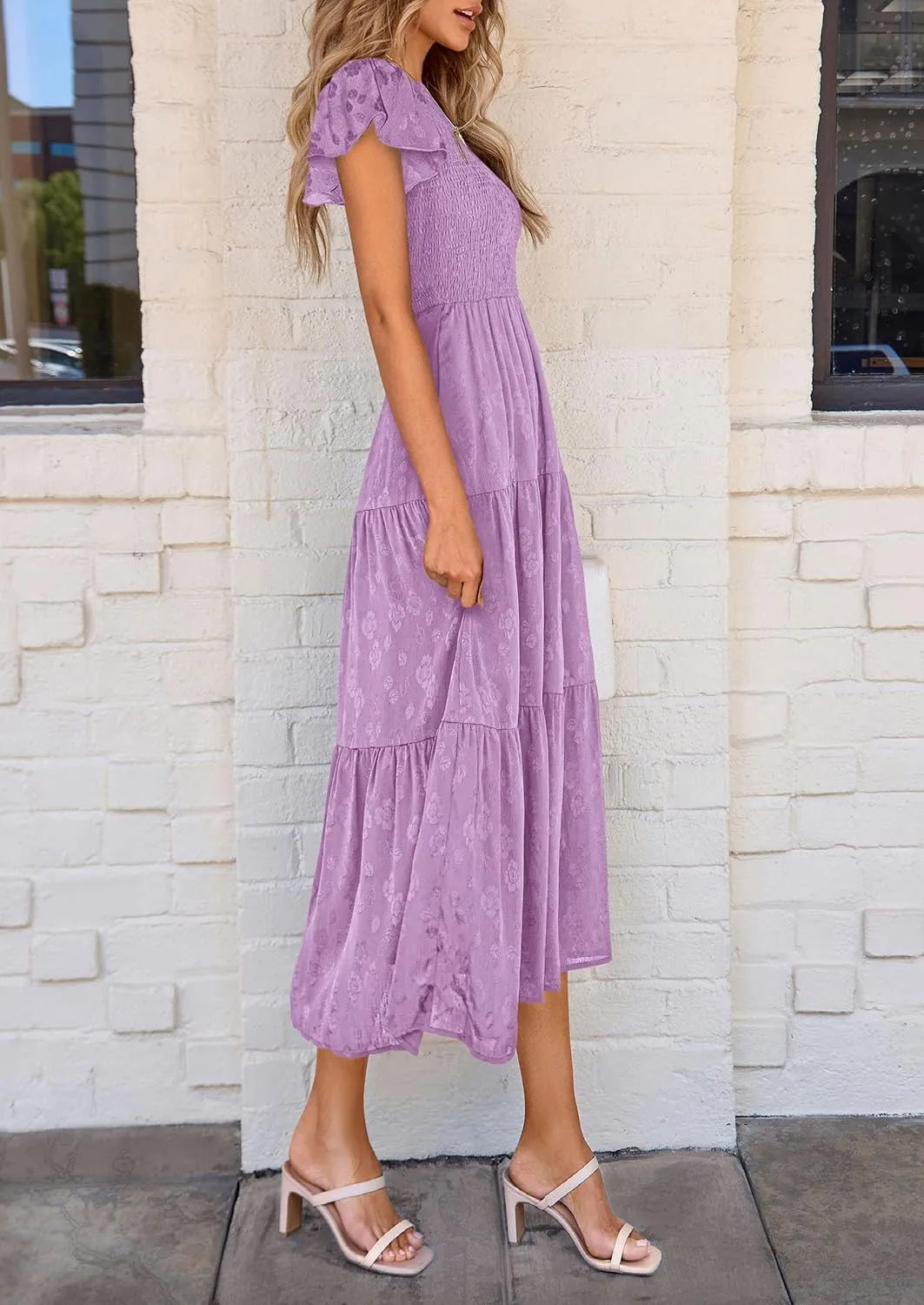 PRETTYGARDEN Midi Dress for Women 2025 Summer Floral Cap Sleeve Smocked Ruffle A Line Long Flowy Wedding Guest Dresses