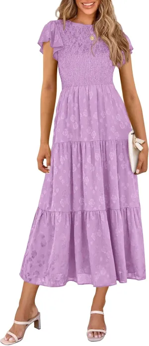 PRETTYGARDEN Midi Dress for Women 2025 Summer Floral Cap Sleeve Smocked Ruffle A Line Long Flowy Wedding Guest Dresses