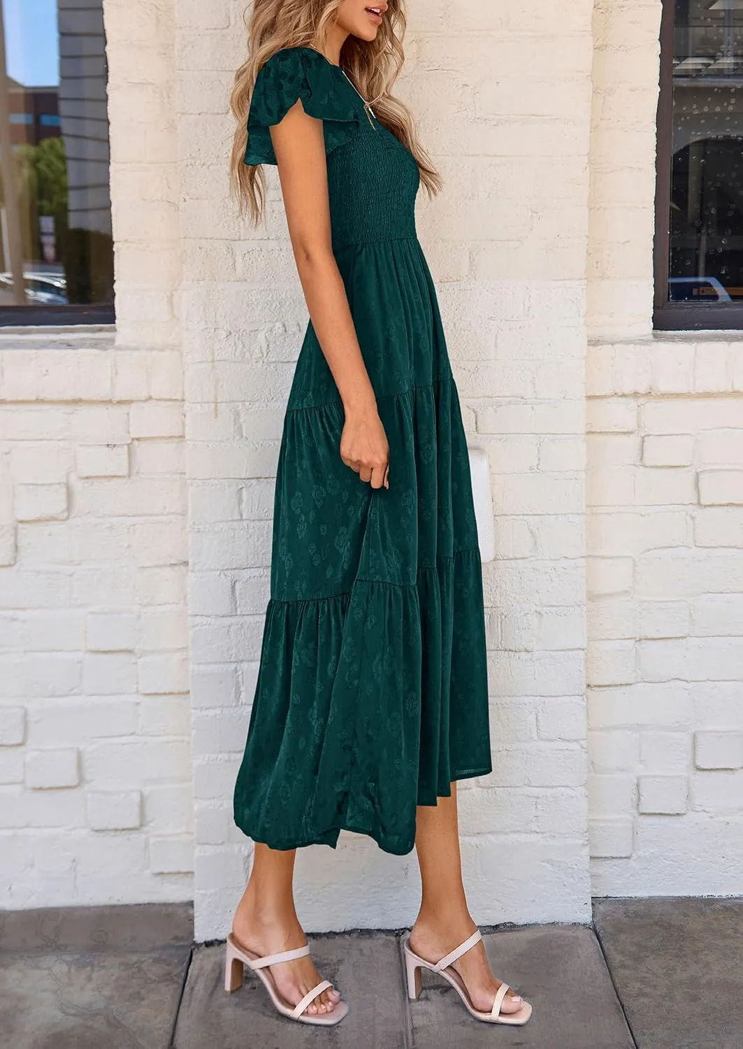 PRETTYGARDEN Midi Dress for Women 2025 Summer Floral Cap Sleeve Smocked Ruffle A Line Long Flowy Wedding Guest Dresses