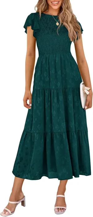 PRETTYGARDEN Midi Dress for Women 2025 Summer Floral Cap Sleeve Smocked Ruffle A Line Long Flowy Wedding Guest Dresses